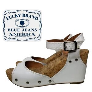 Lucky Brand Women's White‎ Leather Studded Cork Wedge Sandals Size 10M